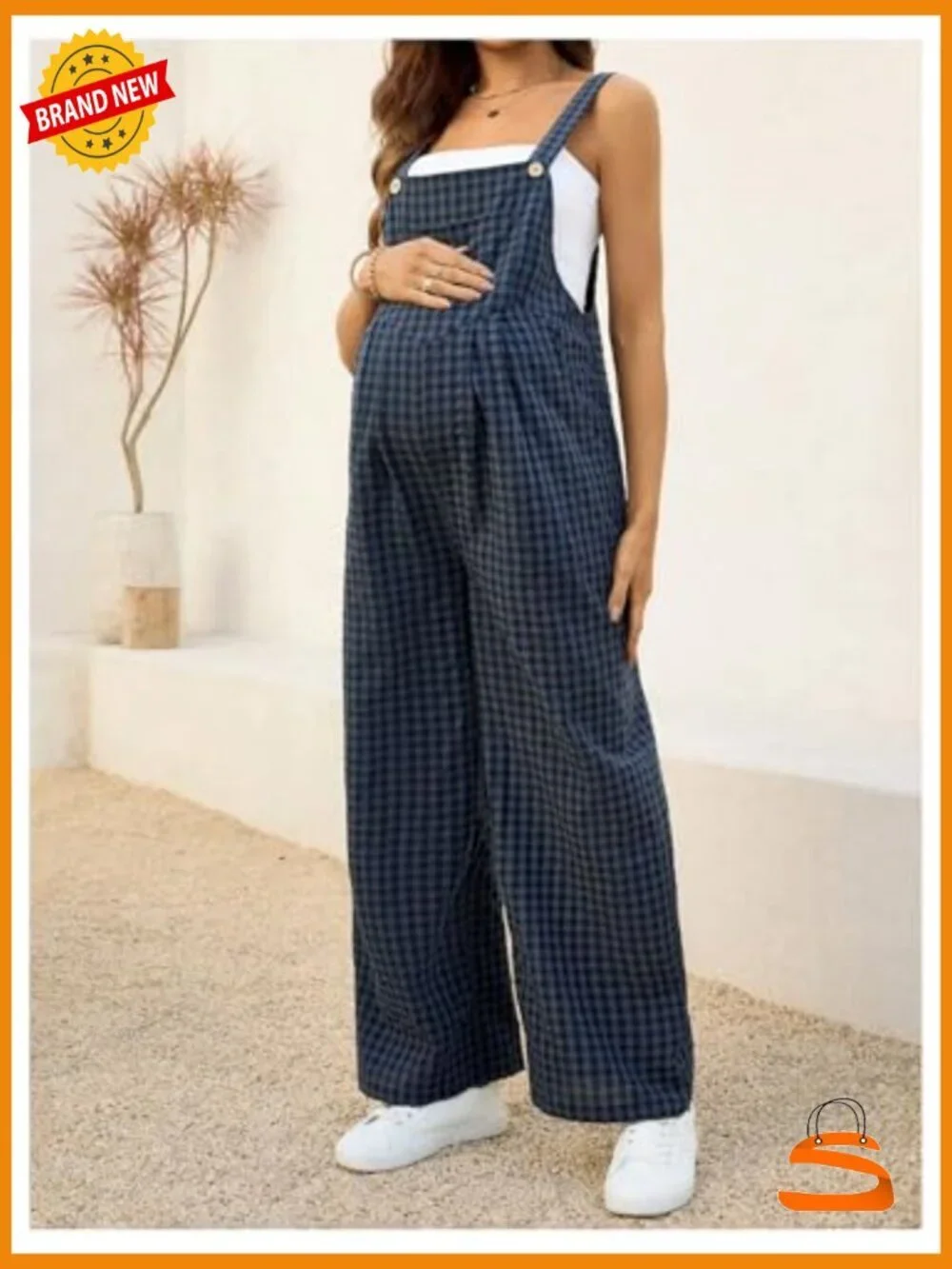 Maternity Gingham Overalls Wide Leg Sleeveless Plaid Print Button Closure